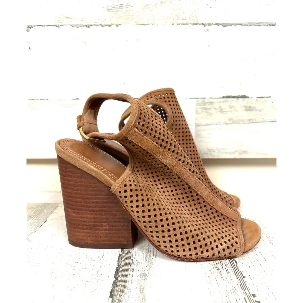 Tory Burch Women 7 Tan Jessie Perforated Suede High Heel Open Toe Strappy Bootie